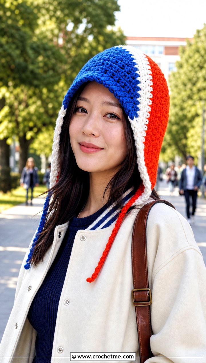 Color Block Crochet Hood Hat With Varsity Jacket - 25 crochet hood hat outfit ideas