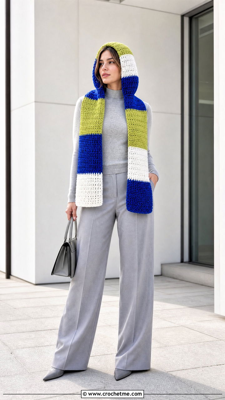 Color Block Crochet Hood Scarf With Monochrome Outfit - 35 crochet hood scarf outfit ideas