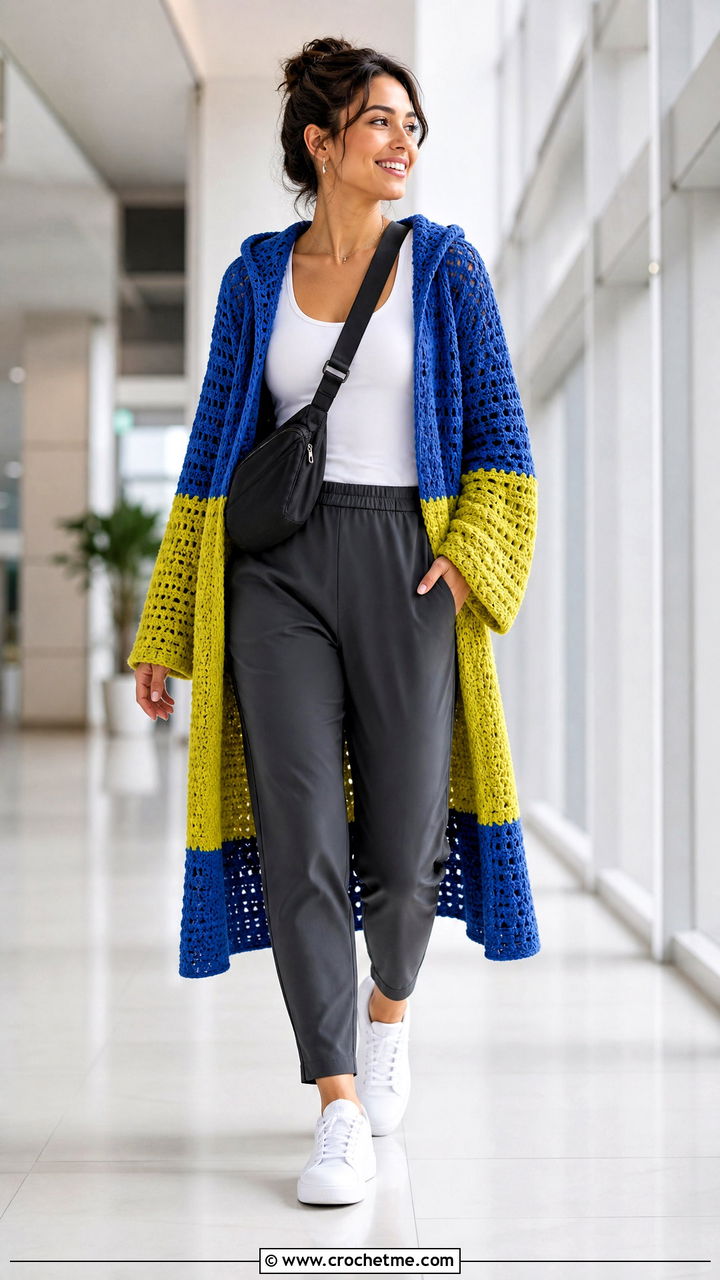 Color Block Crochet Hooded Cardigan With Track Pants - 35 crochet hooded cardigan outfit ideas