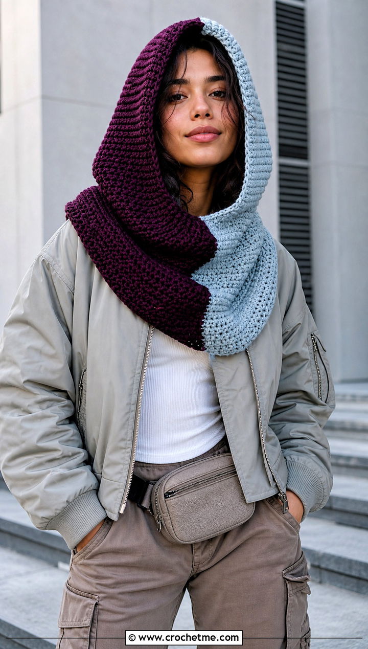 Color Block Crochet Hooded Cowl With Cargo Pants - 30 easy crochet hooded cowl outfit ideas