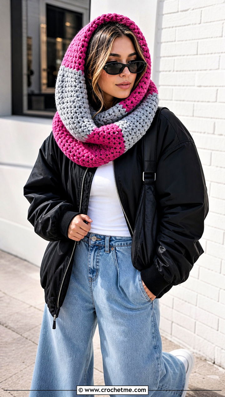 Color Block Crochet Hooded Infinity Cowl With Bomber Jacket - 15 crochet infinity scarf with hood outfit ideas