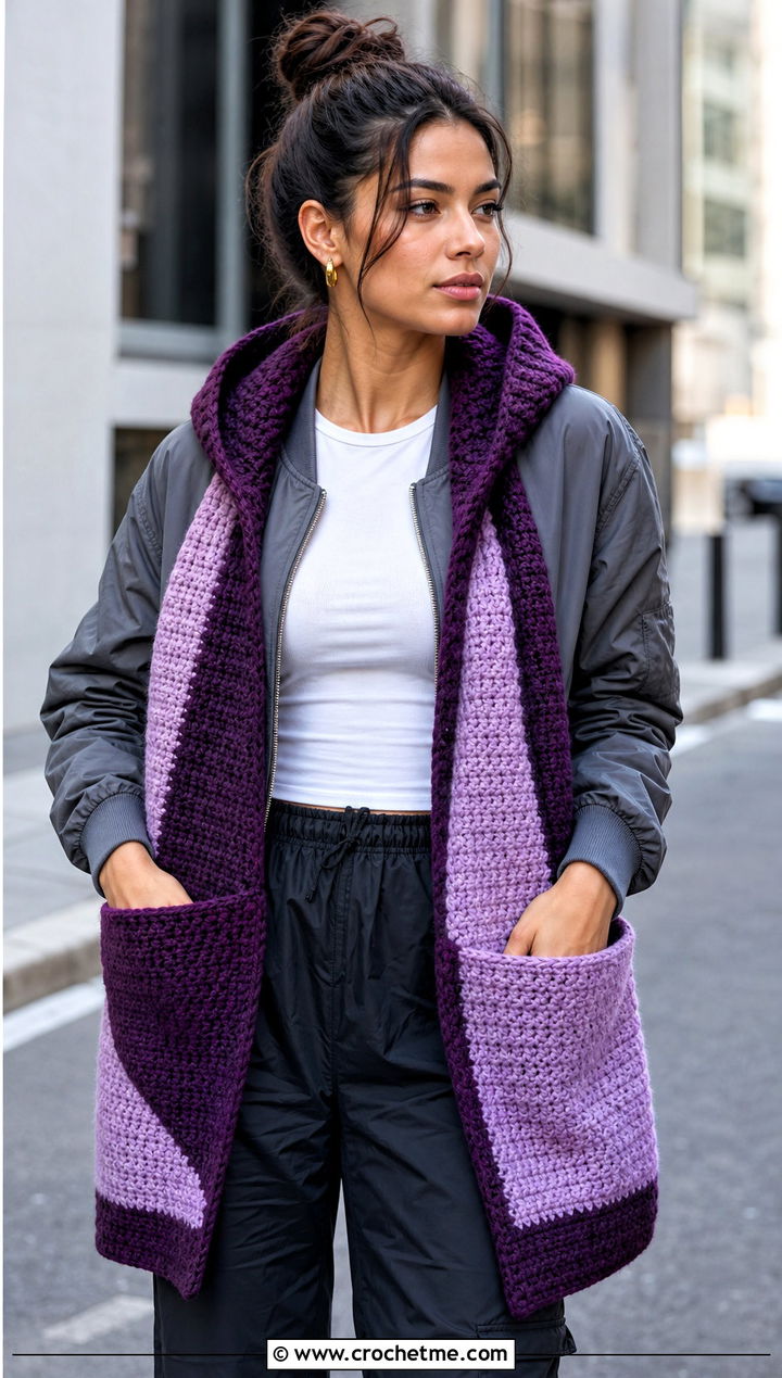 Color Block Crochet Hooded Pocket Scarf With Bomber Jacket - 25 crochet hooded pocket scarf outfit ideas