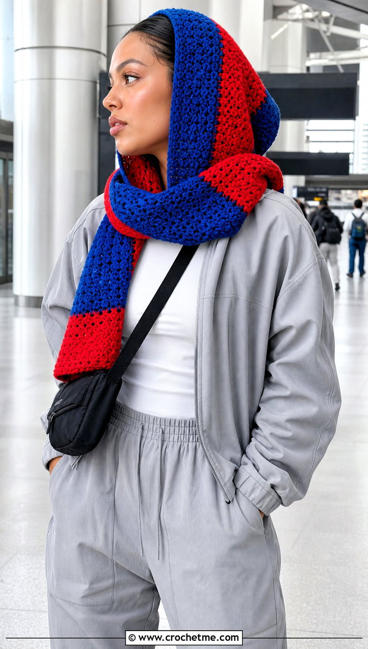 Color Block Crochet Hooded Scarf With Tracksuit Outfit - 30 crochet scarf with hood outfit ideas