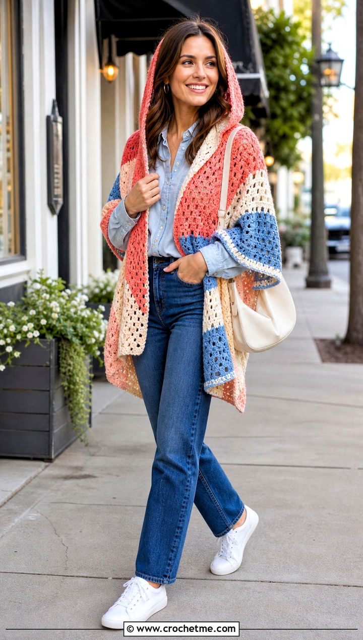 Color Block Crochet Hooded Shawl With Double Denim - 35 crochet hooded shawl outfit ideas
