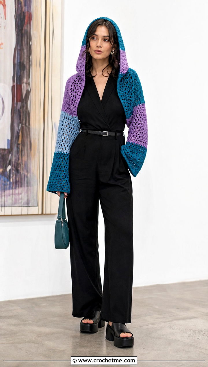 Color Block Crochet Hooded Shrug With Black Jumpsuit - 30 Crochet Hooded Shrug outfit ideas