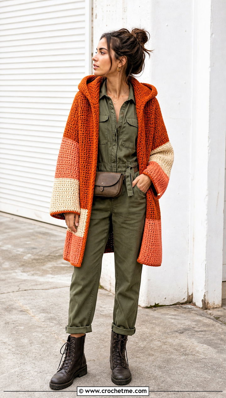 Color Block Crochet Hoodie Cardigan With Utility Jumpsuit - 30 crochet hoodie cardigan outfit ideas