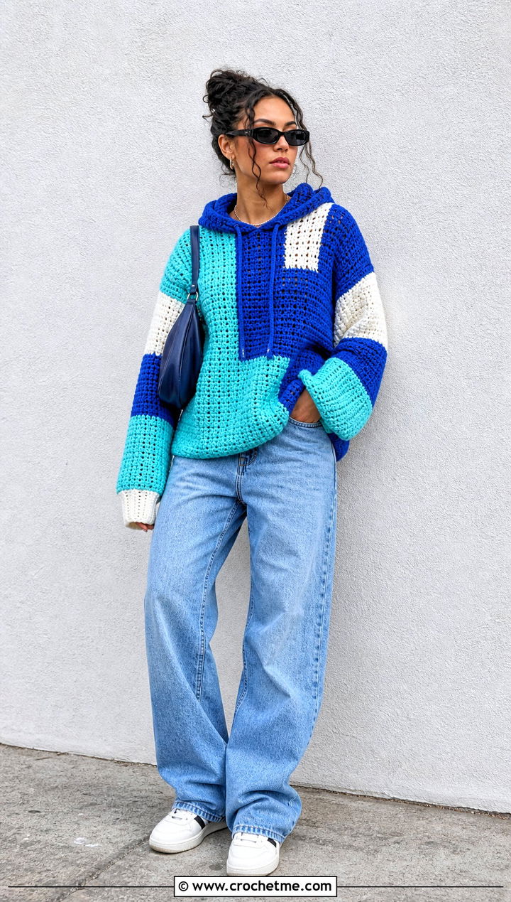 Color Block Crochet Hoodie With Baggy Jeans - 25 Easy Crochet Hoodie outfit ideas