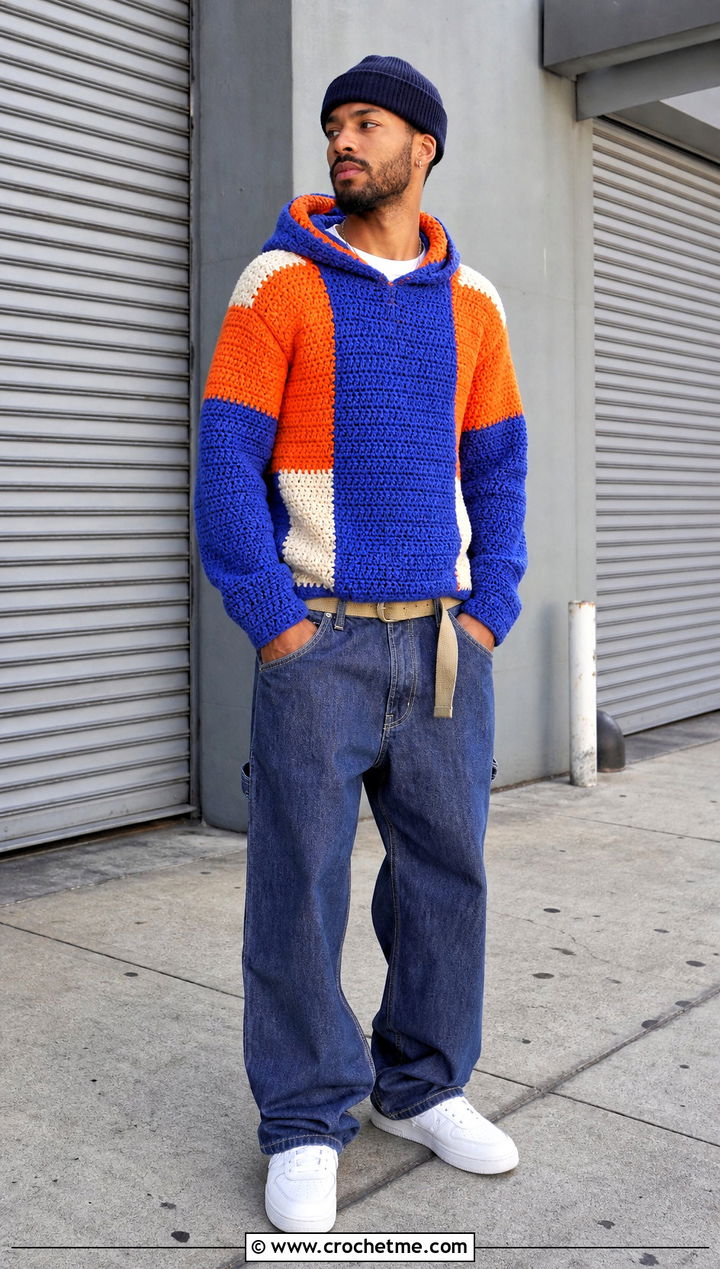 Color Block Crochet Hoodie With Carpenter Jeans - 35 crochet hoodie for men outfit ideas