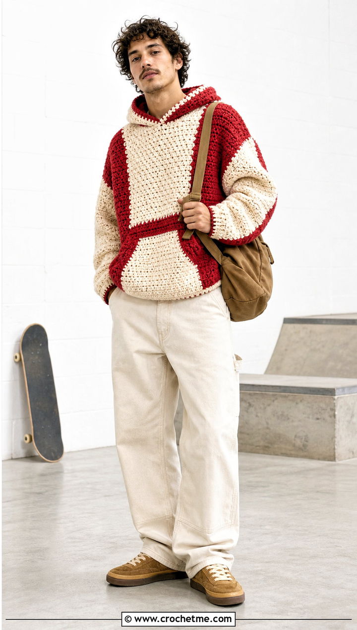 Color Block Crochet Hoodie With Carpenter Pants - 30 Crochet Hoodies For Men outfit ideas