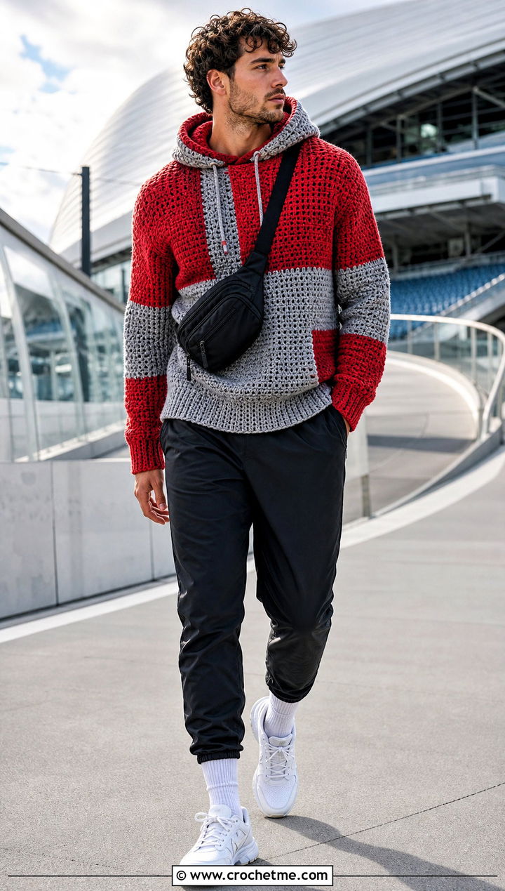 Color Block Crochet Hoodie With Track Pants - 25 Crochet Hoodie Men outfit ideas