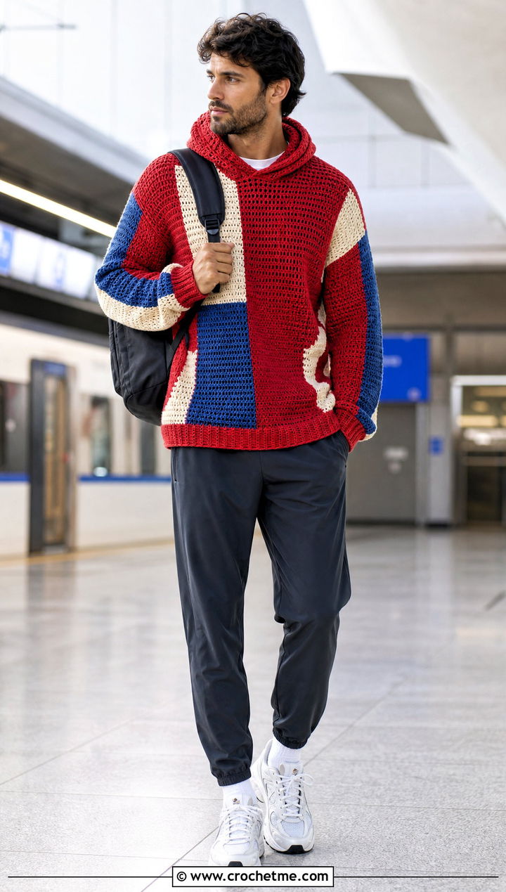 Color Block Crochet Hoodie With Track Pants - 30 crochet mens hoodie outfit ideas