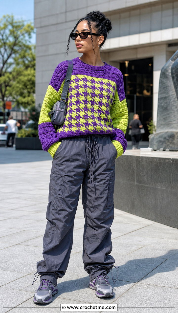 Color Block Crochet Houndstooth Sweater With Parachute Pants - 35 crochet houndstooth sweater outfit ideas