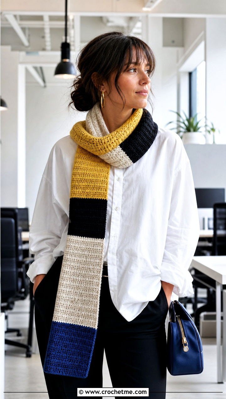 Color Block Crochet Hufflepuff Scarf With White Shirt - 30 crochet hufflepuff scarf outfit ideas