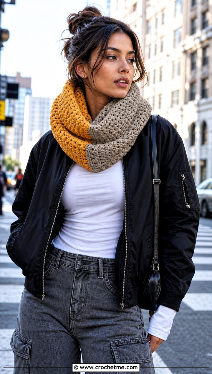 Color Block Crochet Infinity Scarf With Bomber Jacket - 25 infinite crochet scarf outfit ideas