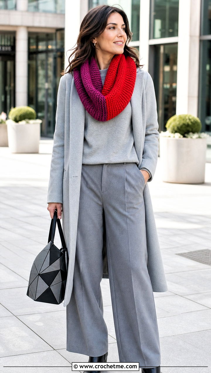 Color Block Crochet Infinity Scarf With Monochrome Outfit - 30 crochet infinity scarves outfit ideas