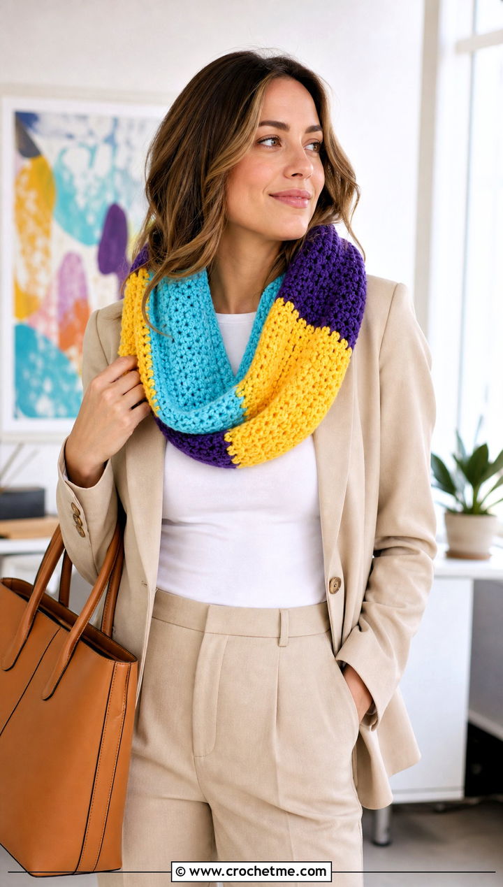 Color Block Crochet Infinity Scarf With Neutral Suit - 30 easy crochet infinity scarf outfit ideas