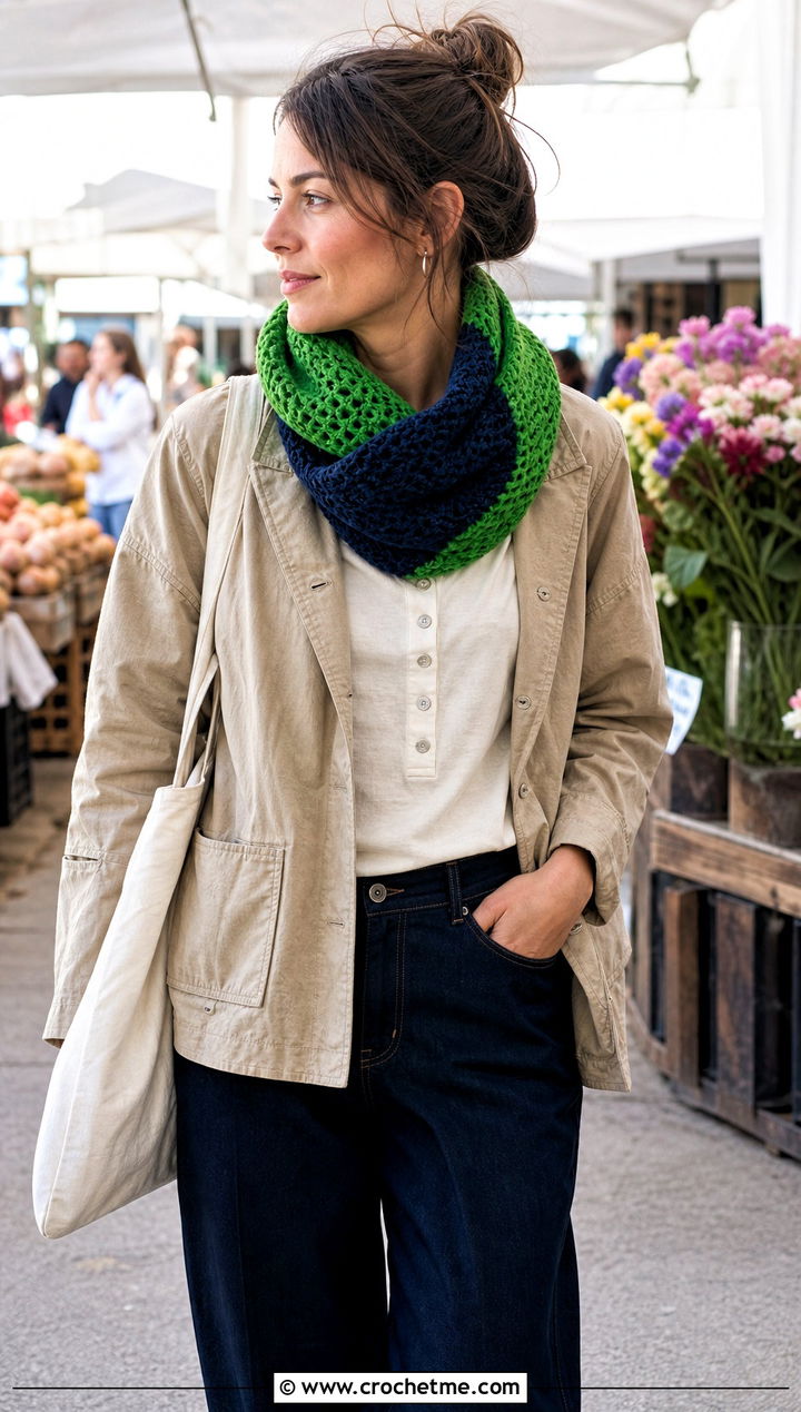 Color Block Crochet Infinity Scarf With Utility Jacket - 15 Crochet Infinity Scarf On Hanger outfit ideas