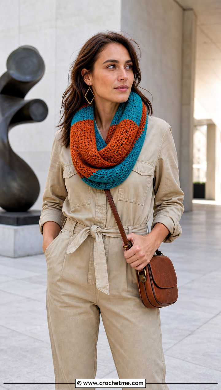 Color Block Crochet Infinity Scarf With Utility Jumpsuit - 15 Oversized Crochet Infinity Scarf outfit ideas