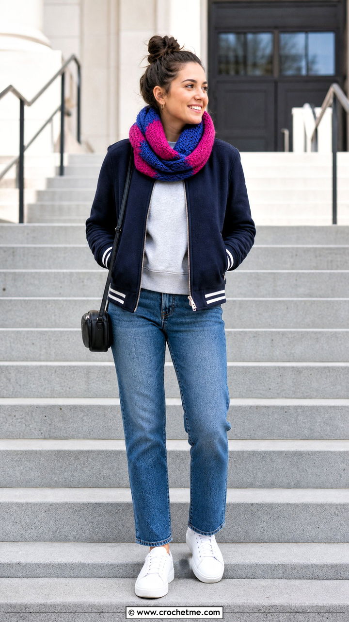 Color Block Crochet Infinity Scarf With Varsity Jacket - 35 crochet infinity scarf outfit ideas