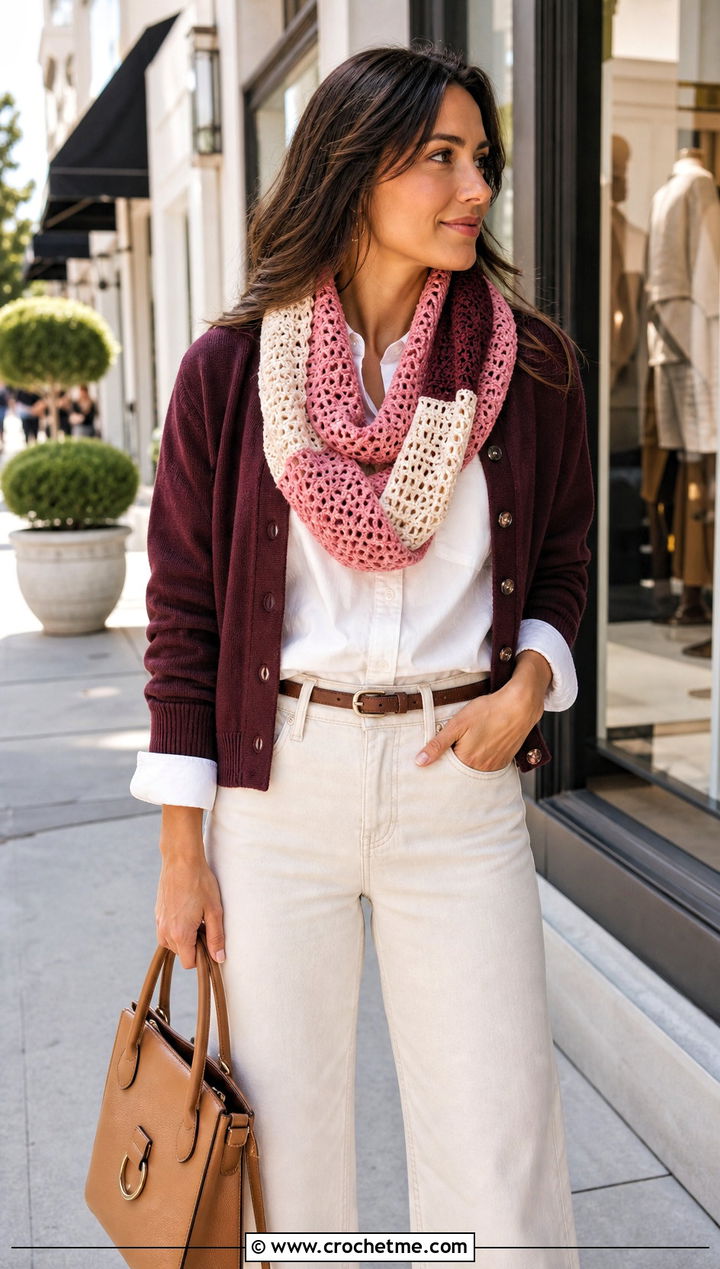 Color Block Crochet Infinity Scarf With Wide Leg Jeans - 20 Crochet Loop Scarf outfit ideas