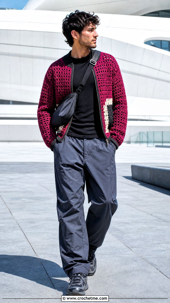 Color Block Crochet Jacket With Parachute Pants - 35 crochet jacket for men outfit ideas