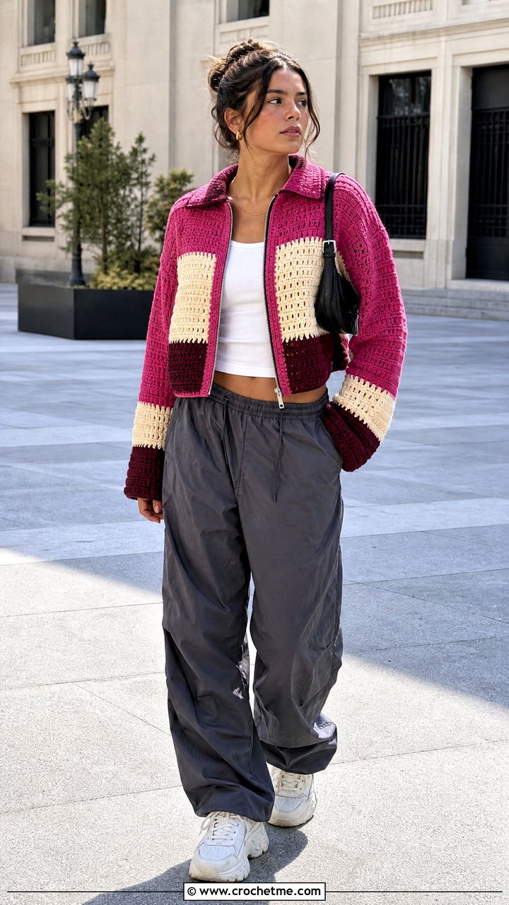 Color Block Crochet Jacket With Parachute Pants - 35 crochet coats & jackets outfit ideas