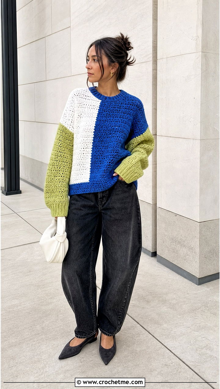 Color Block Crochet Jumper With Barrel Jeans - 25 crochet jumper for women outfit ideas