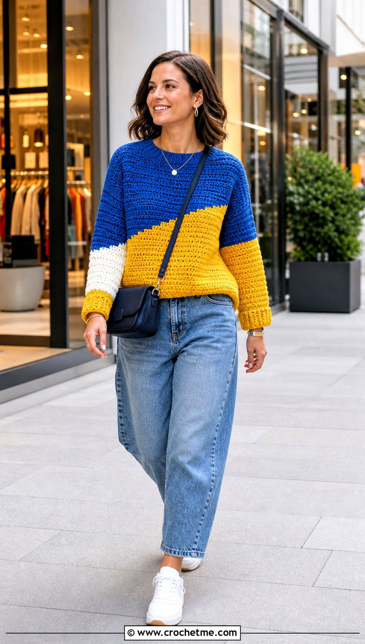 Color Block Crochet Jumper With Barrel Jeans - 35 easy crochet jumper outfit ideas