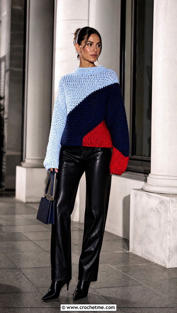 Color Block Crochet Jumper With Leather Pants - 20 Beginner Crochet Jumper outfit ideas