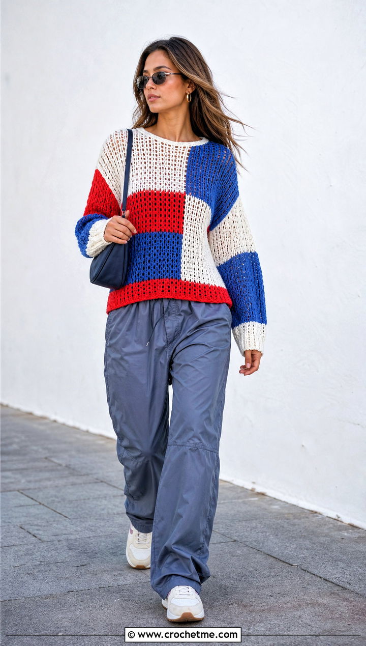 Color Block Crochet Jumper With Parachute Pants - 25 Cute Crochet Jumper outfit ideas