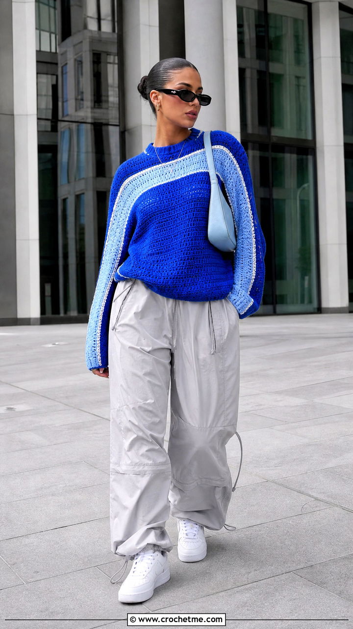 Color Block Crochet Jumper With Parachute Pants - 35 crochet jumper outfit ideas