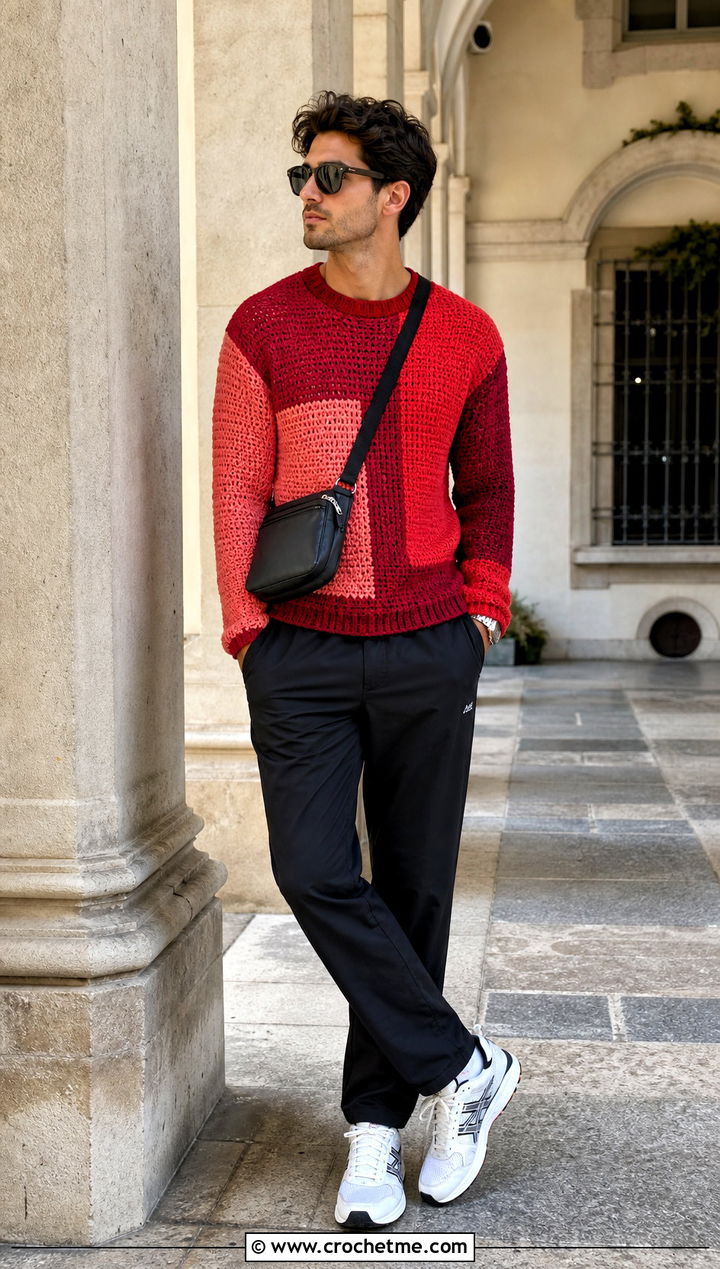 Color Block Crochet Jumper With Track Pants - 25 mens crochet jumper outfit ideas