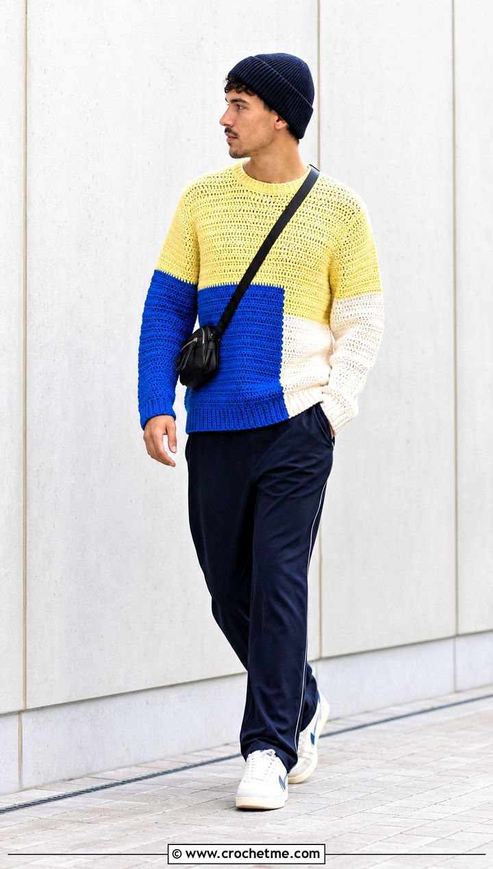Color Block Crochet Jumper With Track Pants - 35 men crochet jumper outfit ideas