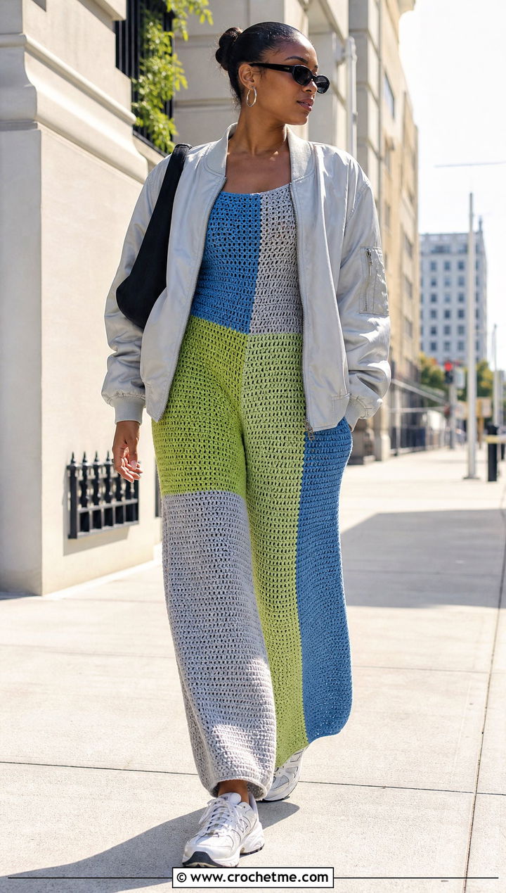 Color Block Crochet Jumpsuit With Bomber Jacket - 30 Women Crochet Jumpsuit outfit ideas