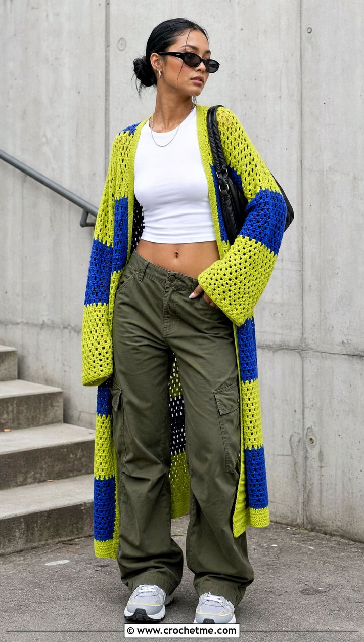 Color Block Crochet Kimono Cardigan With Cargo Pants - 35 crochet kimono cardigan outfit ideas