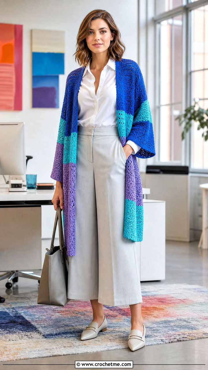 Color Block Crochet Kimono With Shirt And Culottes - 35 crochet kimono outfit ideas