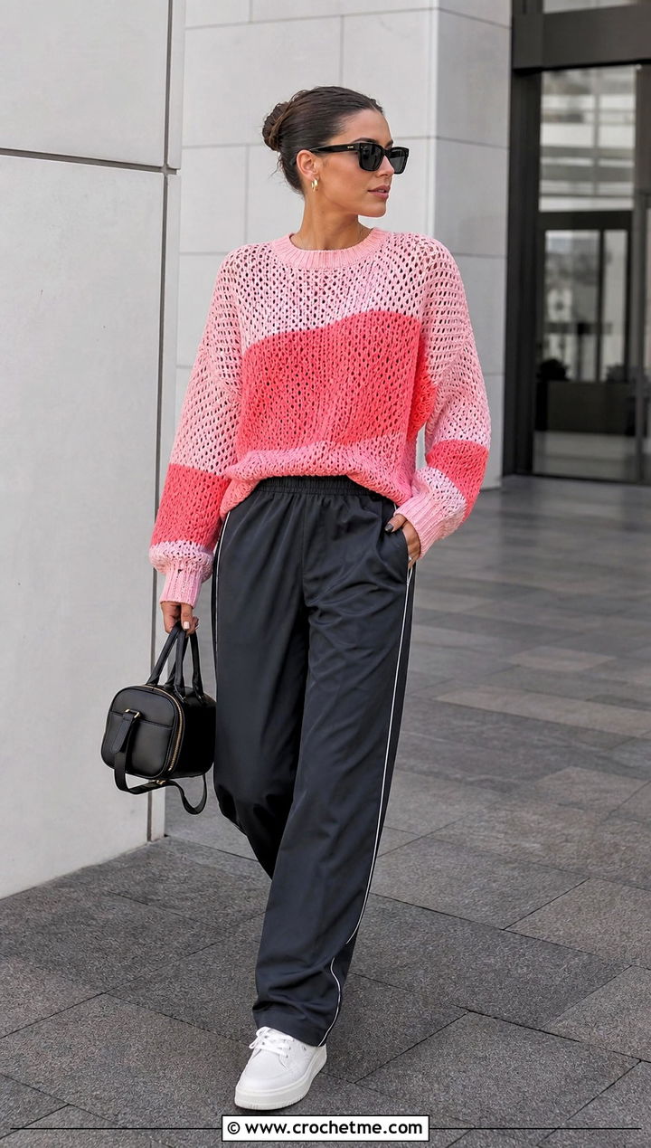 Color Block Crochet Knit Sweater With Track Pants - 35 Crochet Knit Sweater outfit ideas