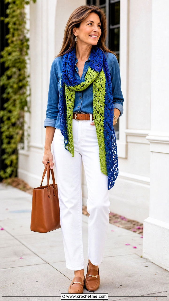 Color Block Crochet Lace Scarf With Denim Shirt And White Jeans - 35 crochet lace scarf outfit ideas