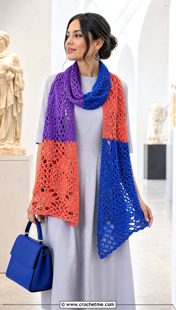 Color Block Crochet Lace Scarf With Minimalist Dress - 30 easy crochet lace scarf outfit ideas