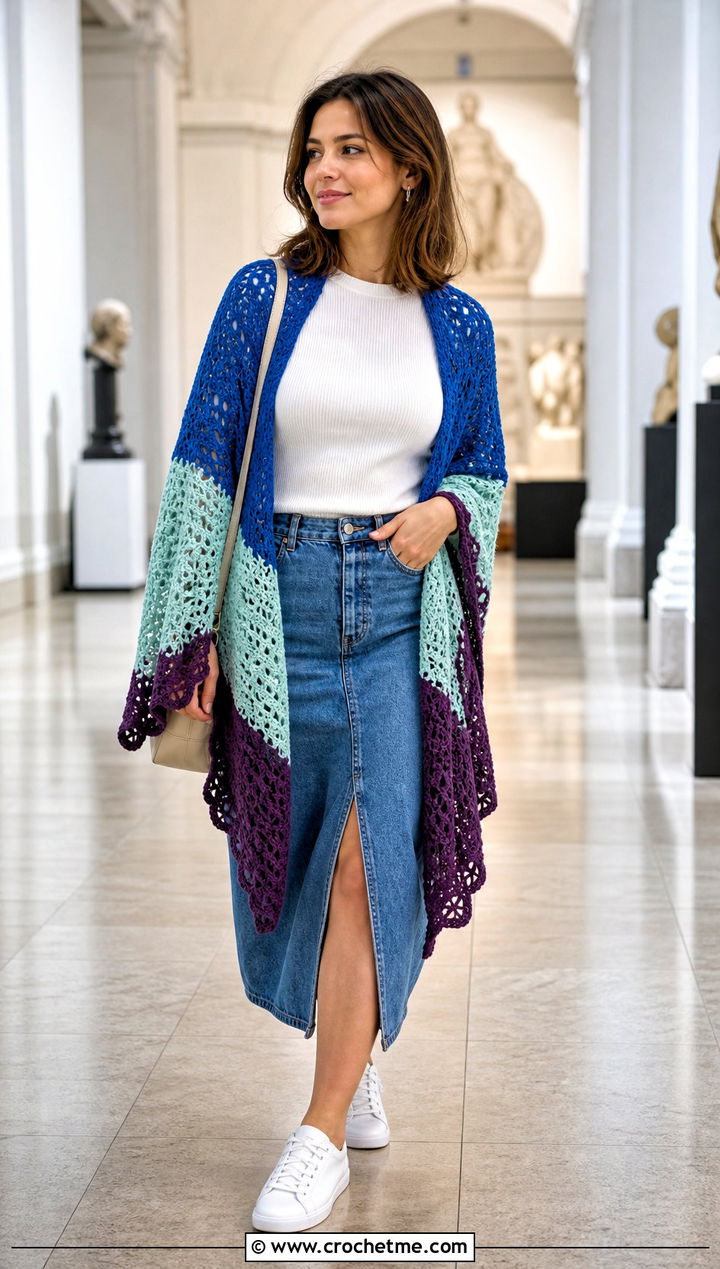 Color Block Crochet Lace Shawl With A Denim Midi Skirt - 30 easy crochet lace shawl outfit ideas