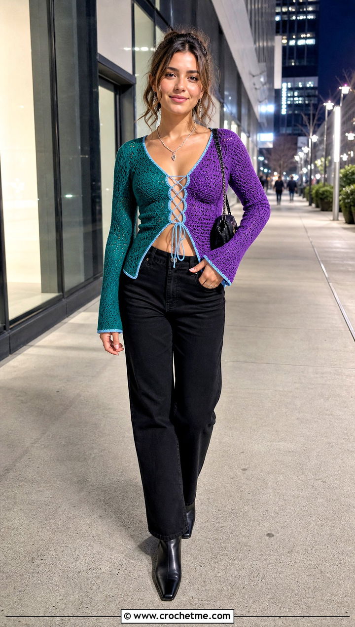 Color Block Crochet Lace Up Top With Black Jeans - 30 crochet lace up top outfit ideas