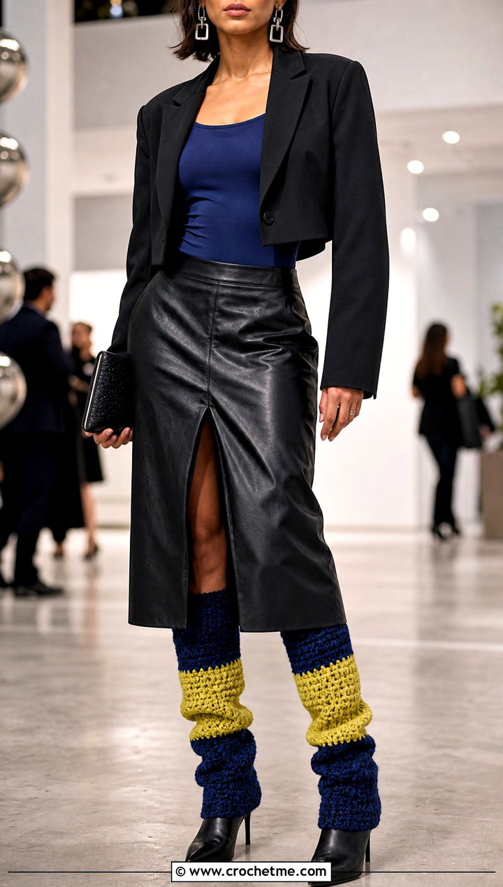 Color Block Crochet Leg Warmers With Leather Skirt - 15 Crochet Clothes Leg Warmers outfit ideas