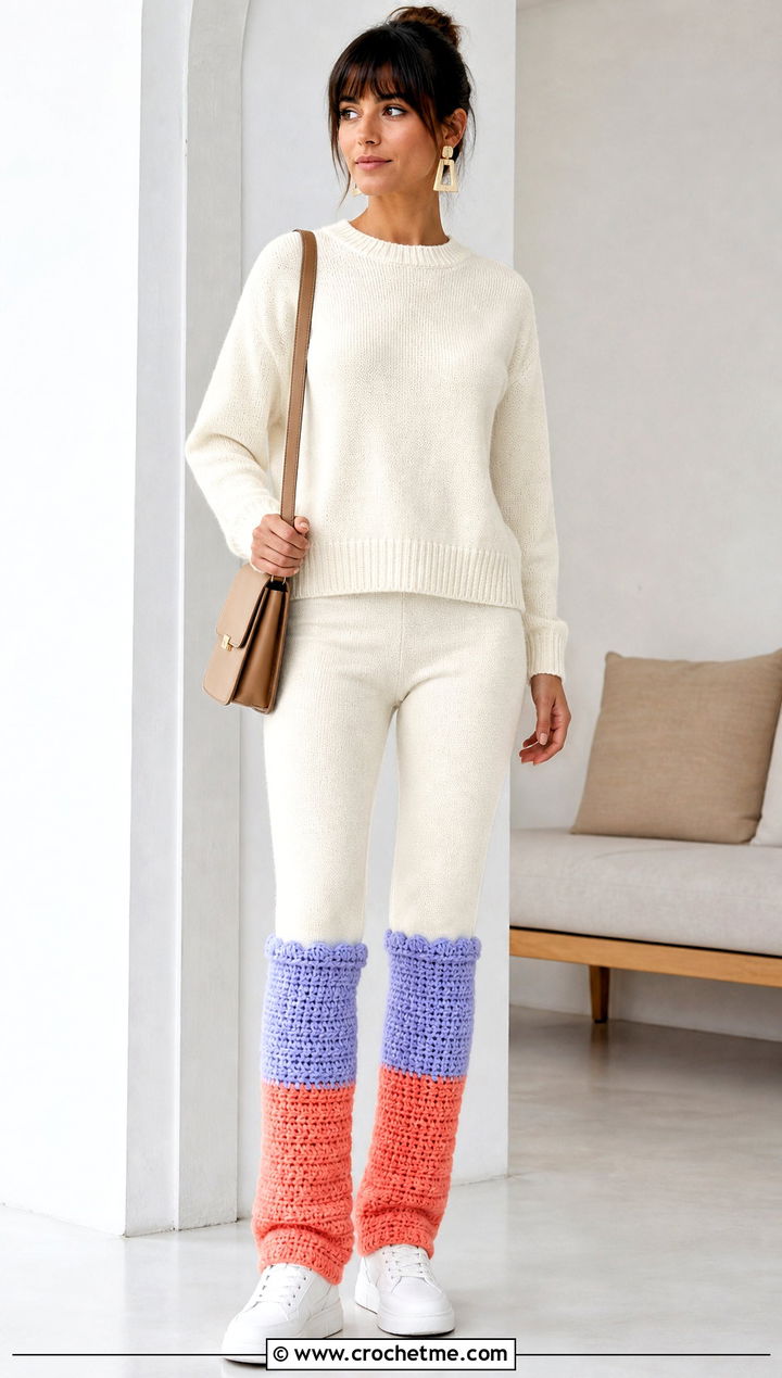 Color Block Crochet Leg Warmers With Monochrome Outfit - 25 diy crochet leg warmers outfit ideas
