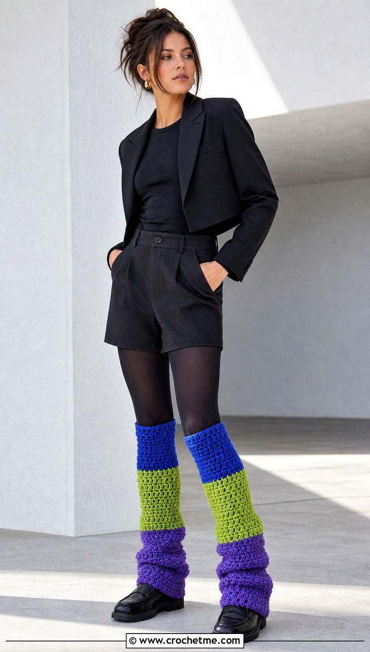 Color Block Crochet Leg Warmers With Monochrome Outfit - 30 aesthetic crochet leg warmers outfit ideas