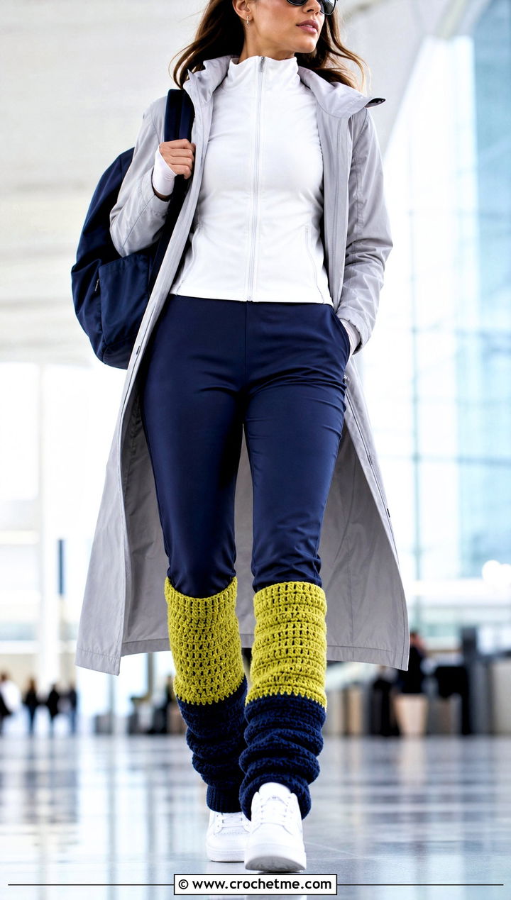 Color Block Crochet Leg Warmers With Track Pants - 20 Chunky Yarn Crochet Leg Warmers outfit ideas