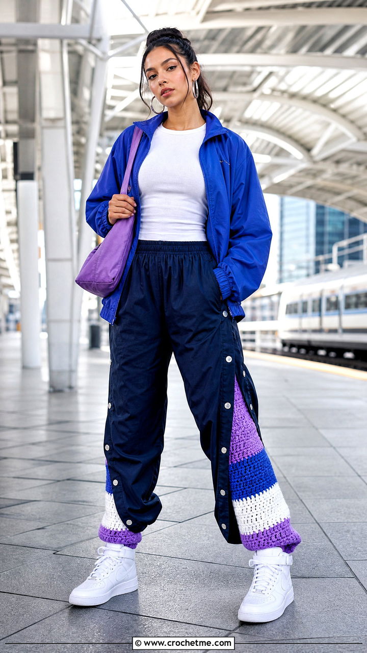 Color Block Crochet Leg Warmers With Track Pants And Windbreaker - 35 crochet leg warmer outfit ideas