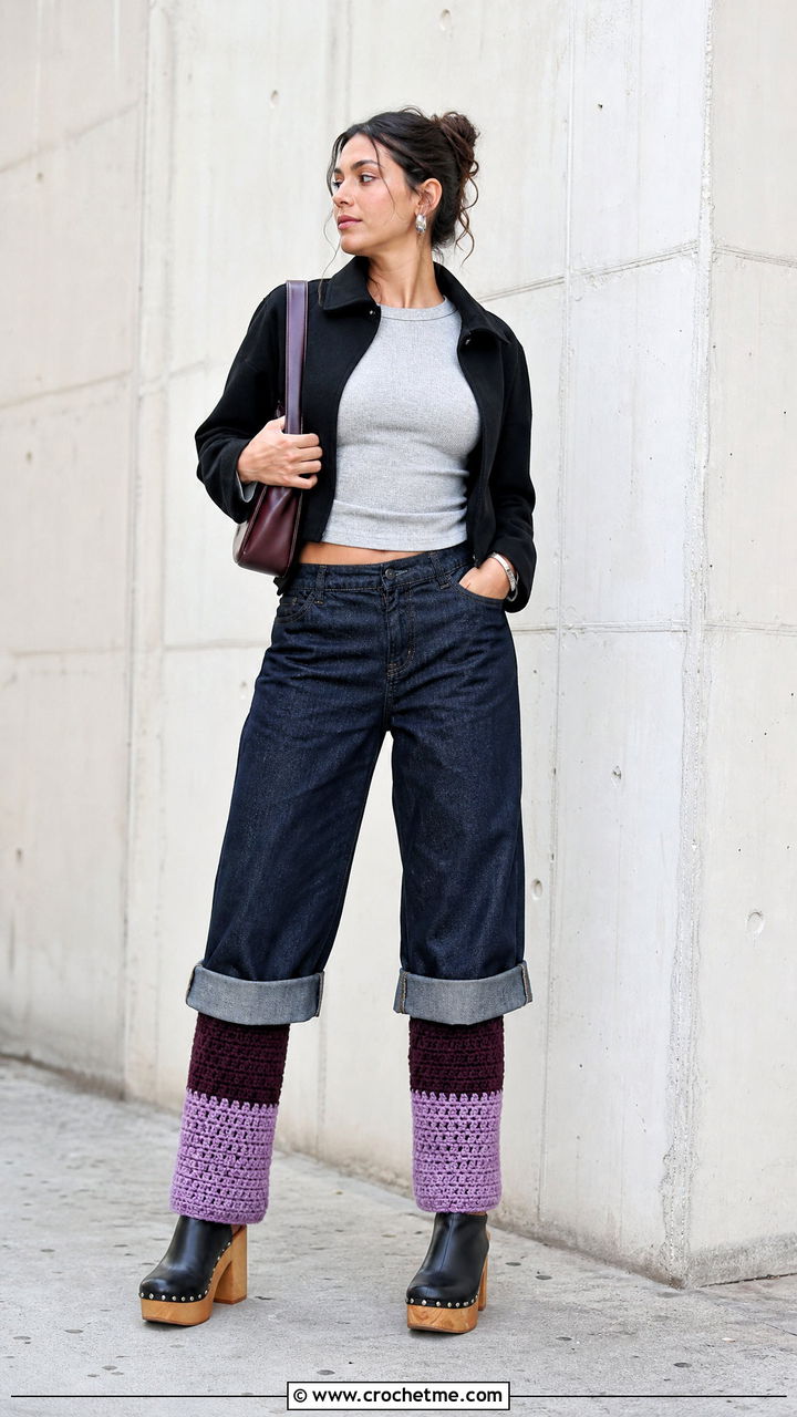 Color Block Crochet Leg Warmers With Wide Leg Jeans - 35 crochet leg warmers outfit ideas