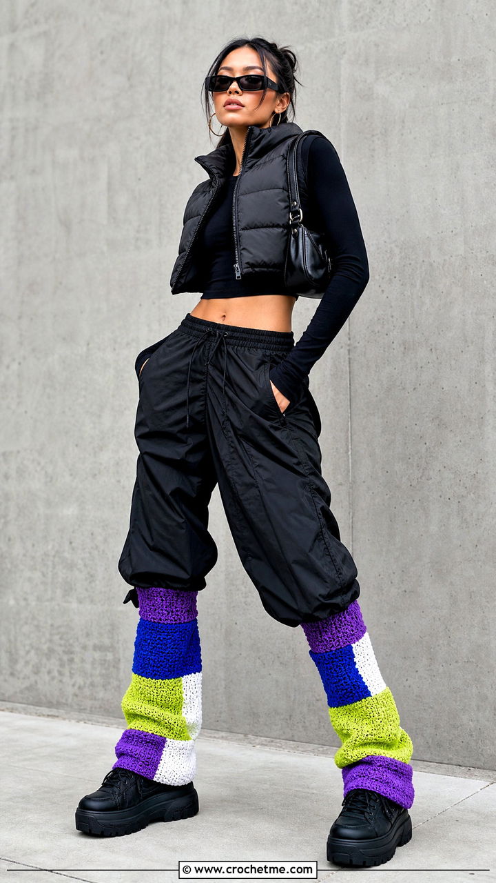 Color Block Crochet Legwarmers With Monochrome Streetwear - 35 crochet legwarmers outfit ideas