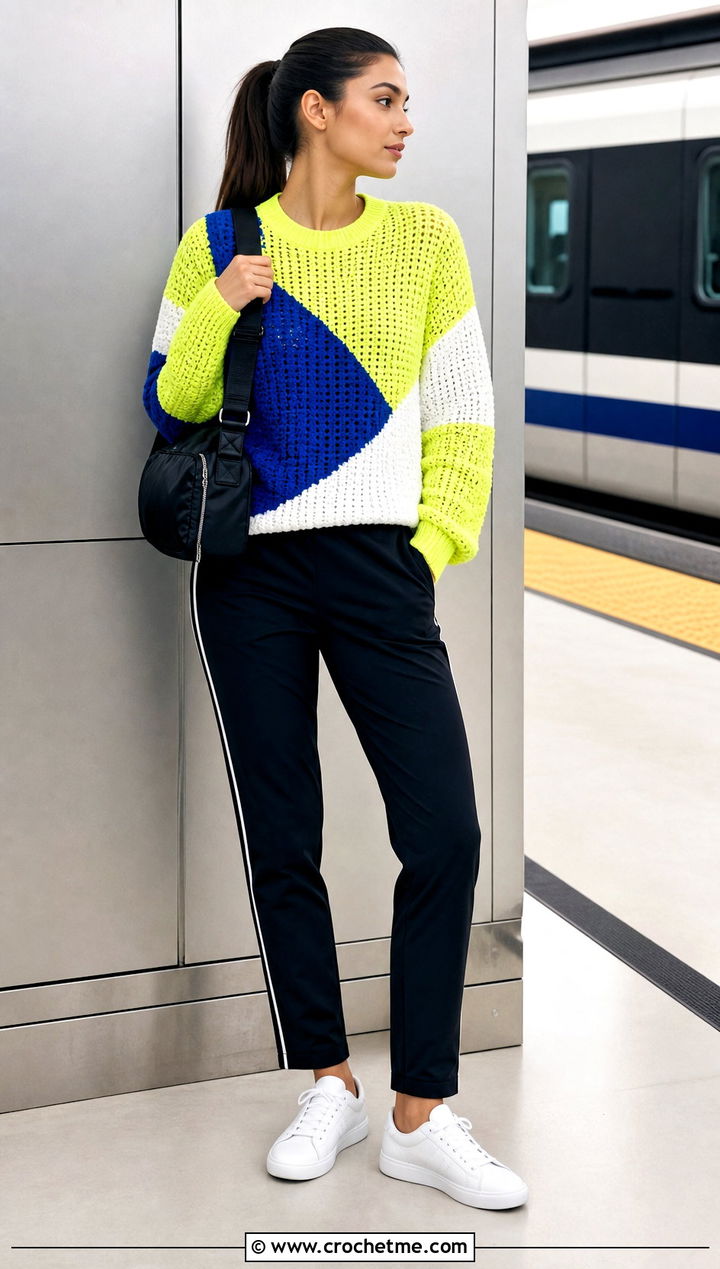 Color Block Crochet Lemon Sweater With Track Pants - 25 Crochet Lemon Sweater outfit ideas