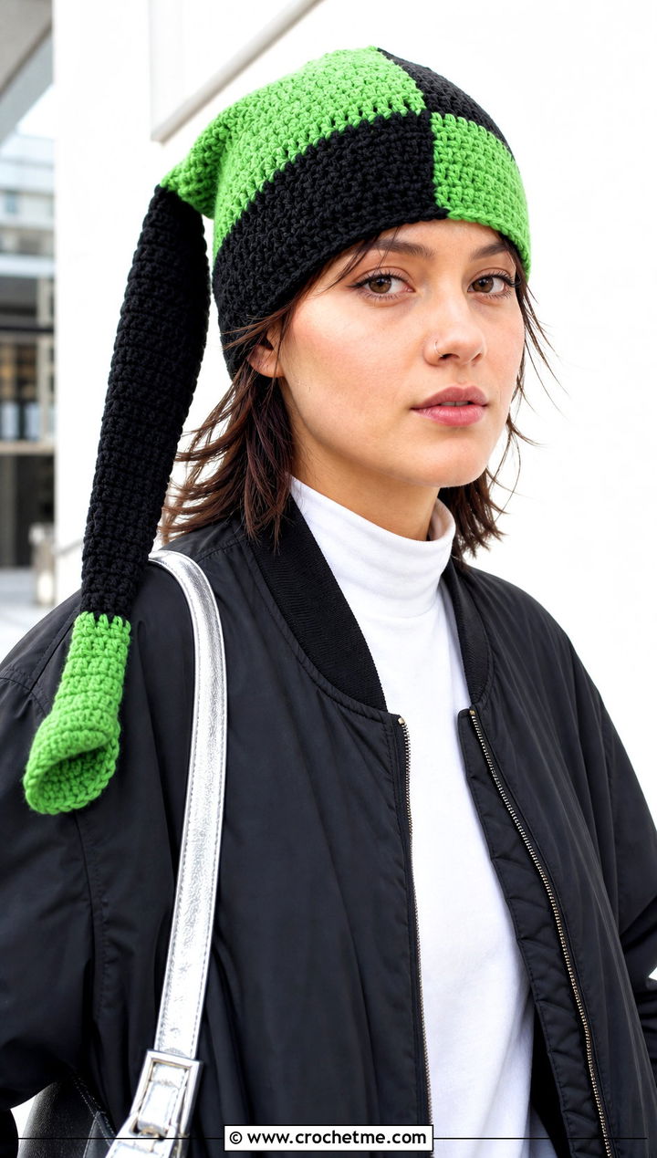 Color Block Crochet Link Hat With Bomber Jacket - 30 crochet link hat outfit ideas